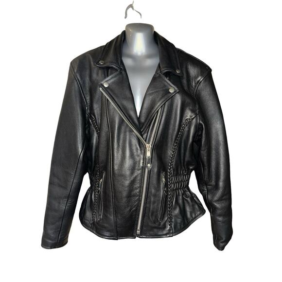 Jim Leather Inc Ladies Black Motorcycle Jacket Double Zip With Liner, Sz XL - Picture 1 of 15